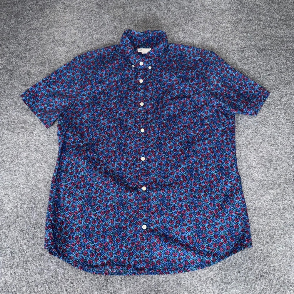 Gap Mens Slim Fit Short Sleeve Button Down Floral Shirt Blue Red Large Casual